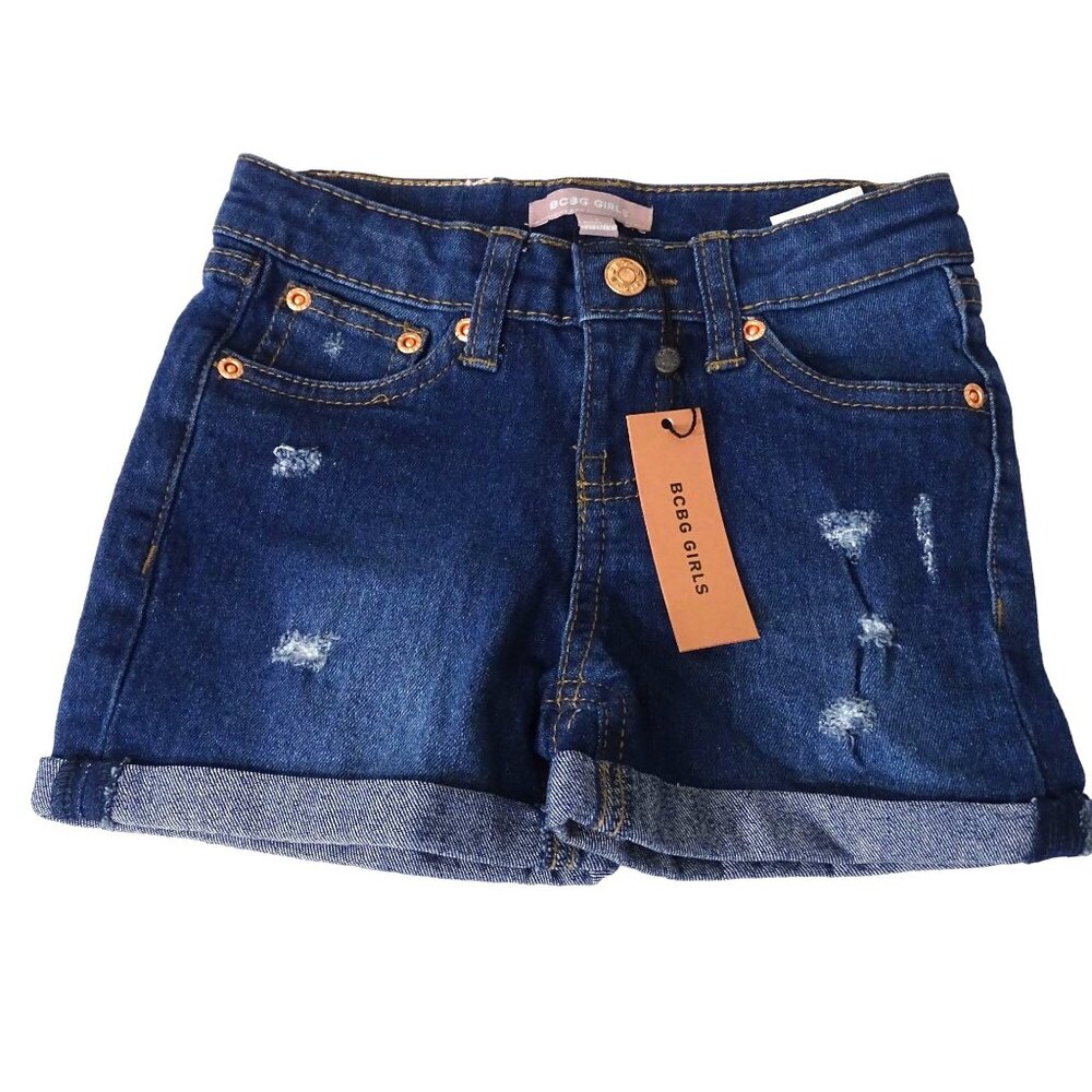 BCBG Girls Denim Shorts Blue Distressed Ripped Cuffed Size 4 Adjustable Waist